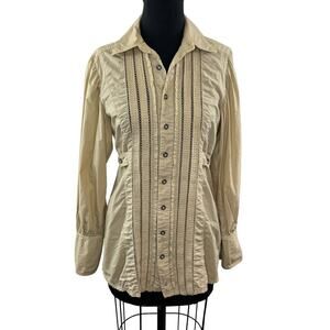 FREE PEOPLE Beige 6 Top Cotton Button-Up Collared Ruffle Long Sleeve Regular Fit